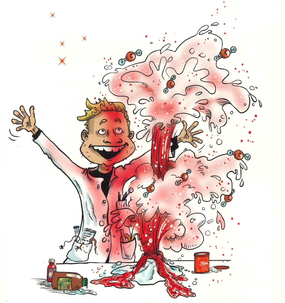 Tegning av en blid mann med hvit frakk, som veiver med armene. Han står bak en liten rød kjemisk eksplusjon som ligner em liten vulkan.