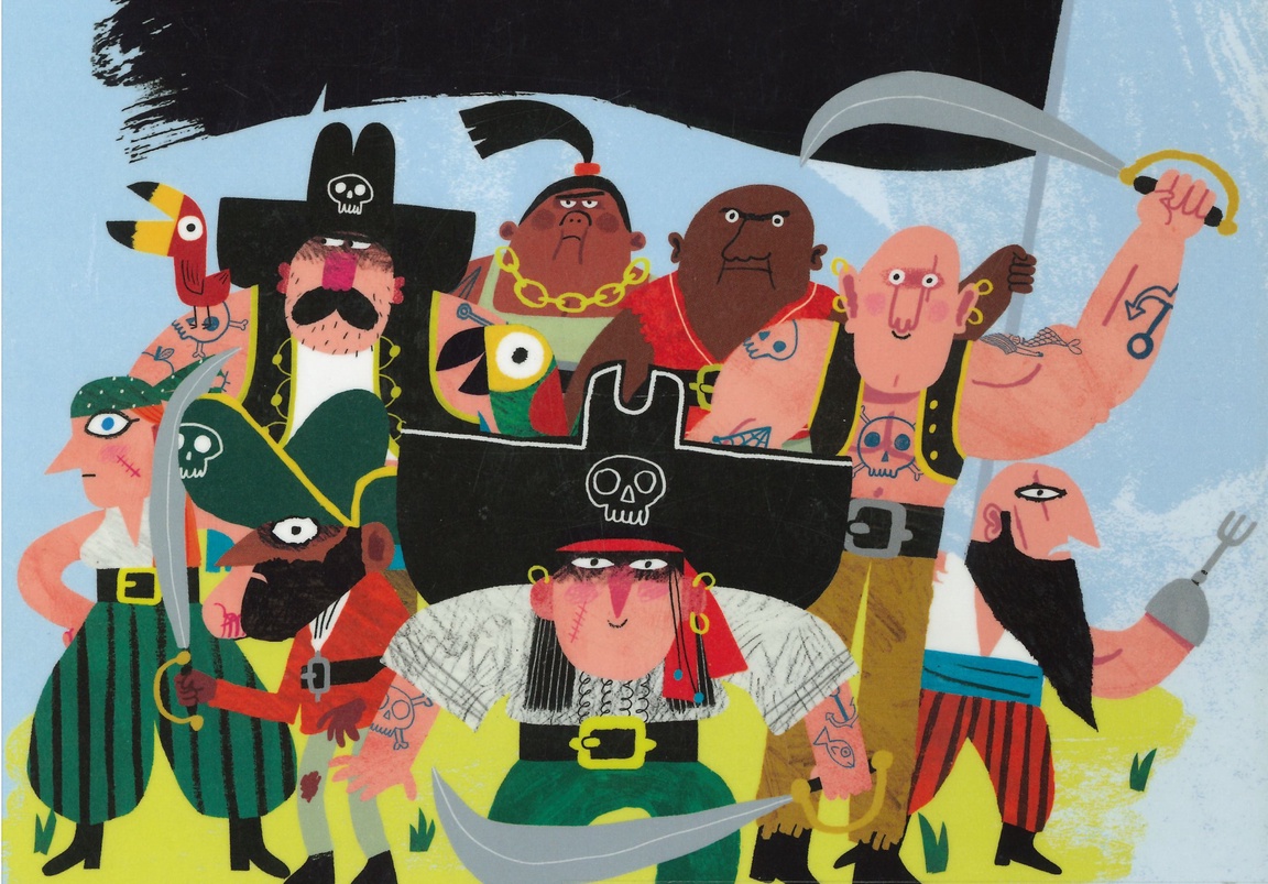 Fargerik tegning av en stor gruppe sjørøvere, med sverd, store hatter og et stort svart flagg.