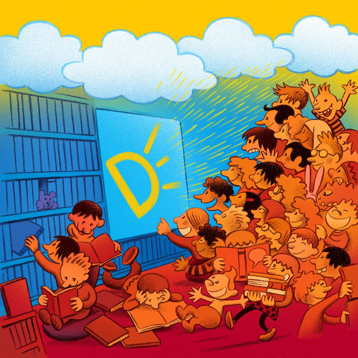 Fargerik tegning av en stor gruppe barn som ser på en skjerm, mens noen plukker bøker ut av hyllene.