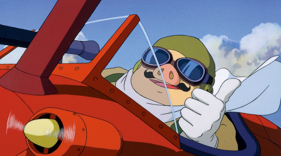 Tegning av grisen Porco Rosso ikledd flyvebriller, hatt og hansker - sittende i flyet og viser tommel opp.