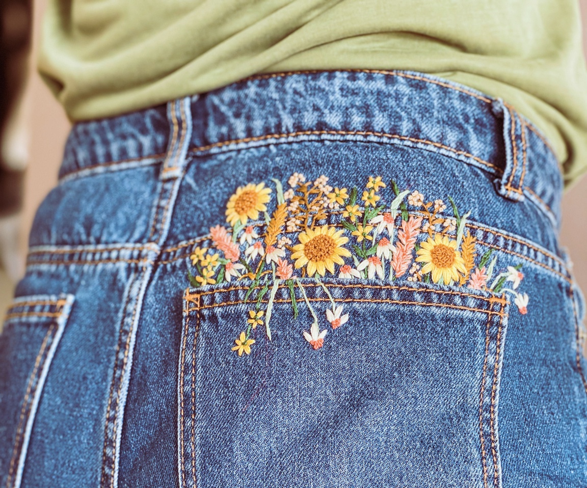 Langs kanten på en baklomme på jeans er det brodert på mange ulike blomster.