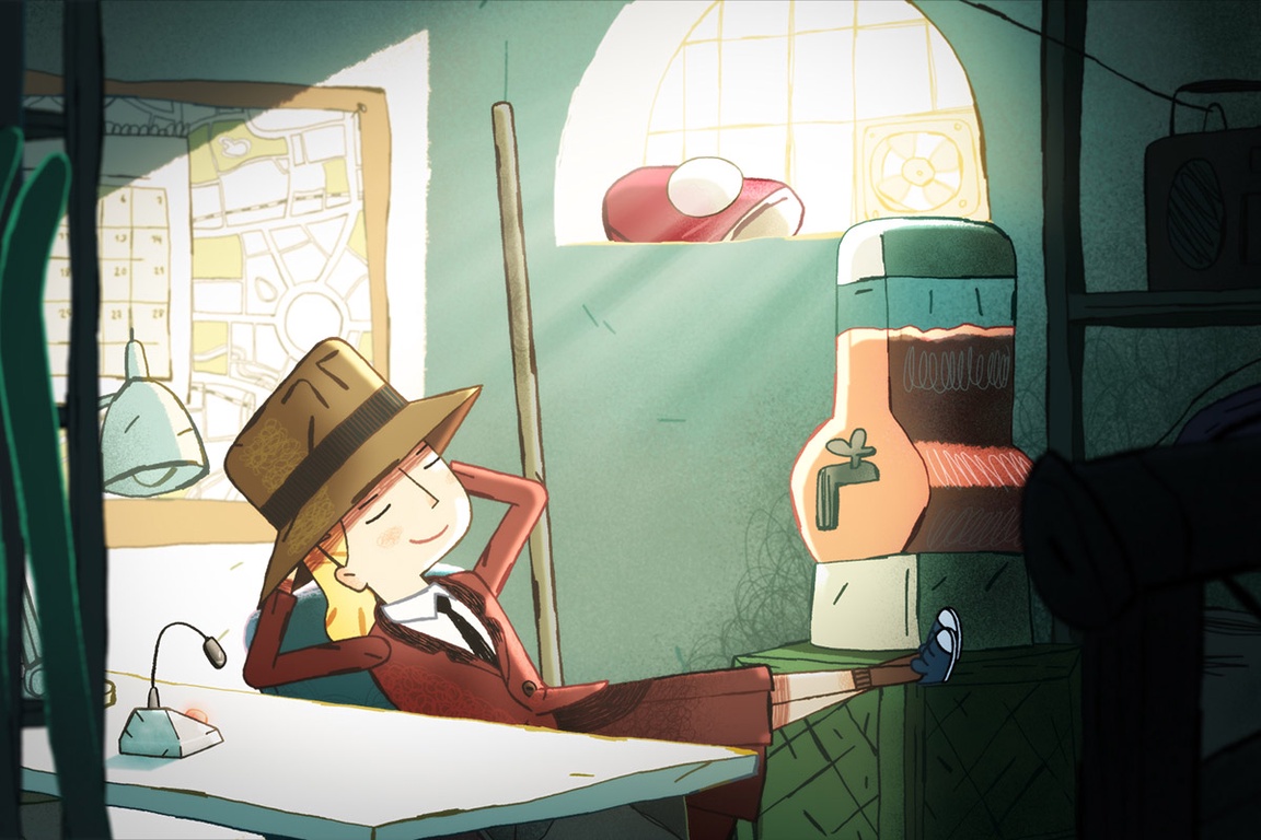 En tegneseriefigur med detektivhatt sitter med bena på bordet på et kontor.