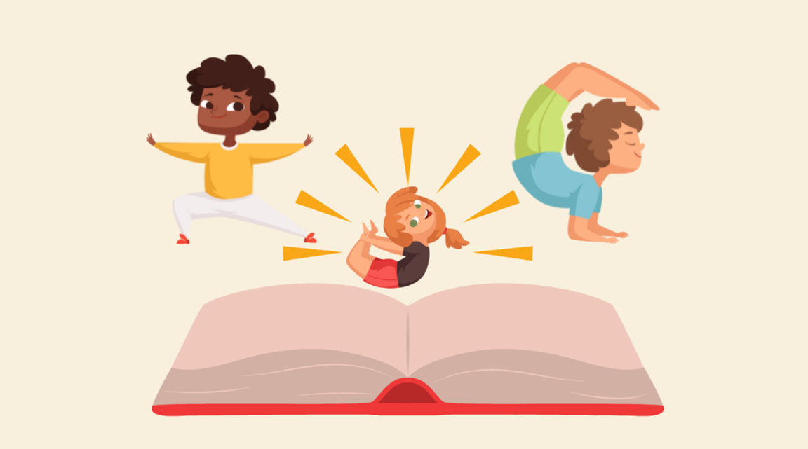 Barn som gjør yoga over en bok