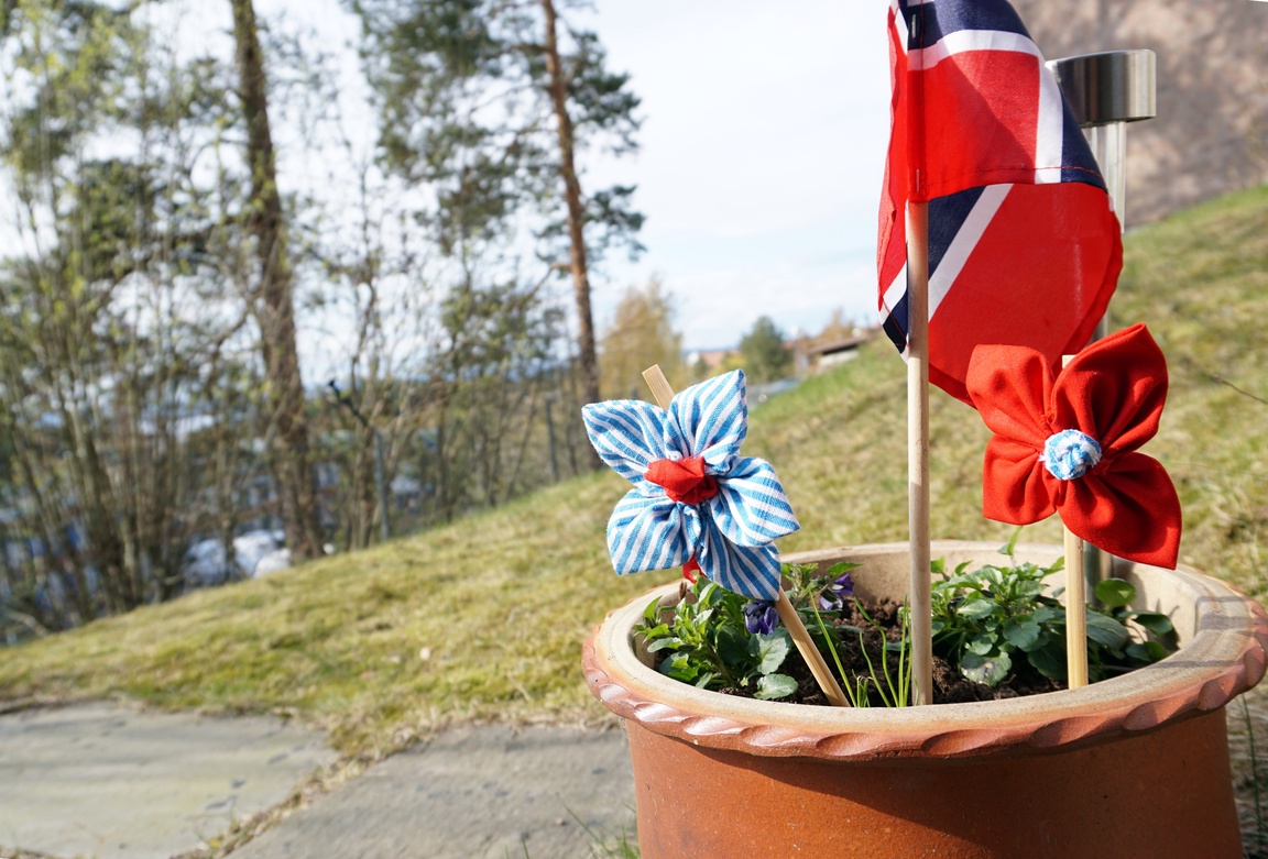 Norsk flag og to sydd blomster en blå , den andre rød