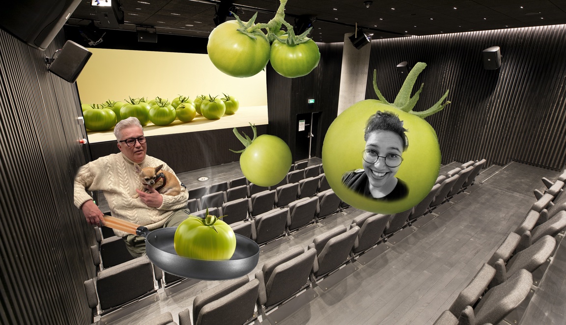 Collage: kinosal, grønne tomater, Brita Møystad Engseth og  Sofia Knudsen Estifanos.